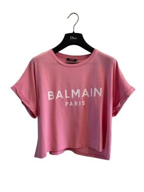 🚩steal Balmain Pink Logo Cropped Tee